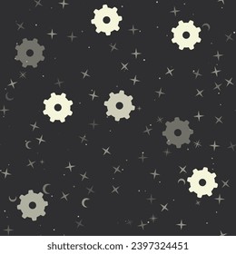 Seamless pattern with stars, gear symbols on black background. Night sky. Vector illustration on black background