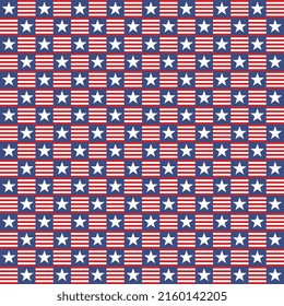 Seamless pattern with stars in geometric grid. Vintage national or patriotic holiday template background. Red white blue color palette mosaic