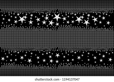 Seamless pattern of stars and geometric shapes in white colors on dark background, black and white color. Flat design vector illustration, EPS10, for wallpaper, gift wrap paper, tile print, etc.