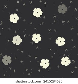 Seamless pattern with stars, geraniums on black background. Night sky. Vector illustration on black background