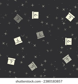 Seamless pattern with stars, gift box with a question symbols on black background. Night sky. Vector illustration on black background
