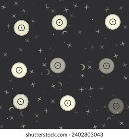 Patrón sin brillo con estrellas, símbolos de discos gramófonos sobre fondo negro. Cielo nocturno. Ilustración del vector sobre fondo negro