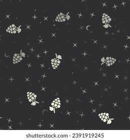 Seamless pattern with stars, grapes symbols on black background. Night sky. Vector illustration on black background