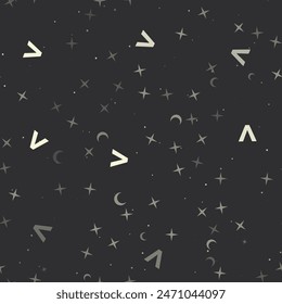 Seamless pattern with stars, greater symbols on black background. Night sky. Vector illustration on black background