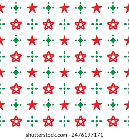 Estrellas de patrón sin costura verde y rojo sobre fondo blanco