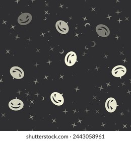 Seamless pattern with stars, halloween pumpkin symbols on black background. Night sky. Vector illustration on black background