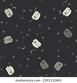 Seamless pattern with stars, hamburger symbols on black background. Night sky. Vector illustration on black background