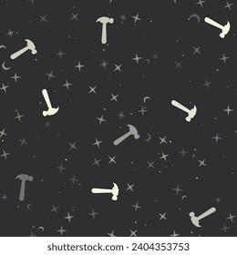 Seamless pattern with stars, hammer symbols on black background. Night sky. Vector illustration on black background