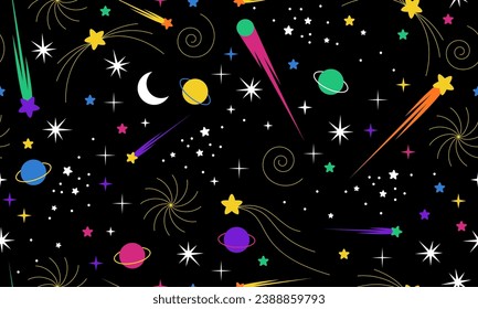 Seamless pattern with stars. Hand drawn stars texture. Night starry sky. Space universe or dark black cosmos pattern with constellation, falling meteorites, comets and twinkling stars light