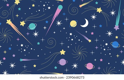 Seamless pattern with stars. Hand drawn stars texture. Night starry sky. Space universe or dark black cosmos pattern with constellation, falling meteorites, comets and twinkling stars light