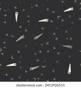 Seamless pattern with stars, hand saw symbols on black background. Night sky. Vector illustration on black background