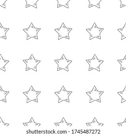 Patrón sin foco con estrellas. Dibujo hecho a mano. Imagen de contorno con un revestimiento negro sobre un fondo blanco. Ilustración vectorial. Imprimir para cubiertas para portátiles, papel envolvente, tela.