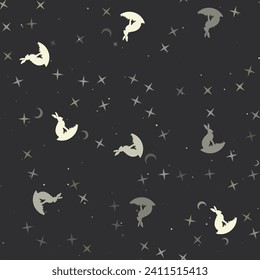 Seamless pattern with stars, hare symbols on black background. Night sky. Vector illustration on black background