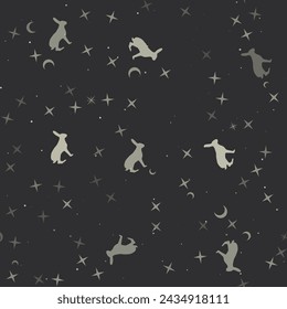 Seamless pattern with stars, hare symbols on black background. Night sky. Vector illustration on black background