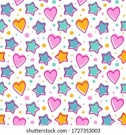 Seamless pattern with stars, hearts and dots. Cute vector background.