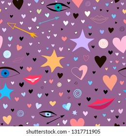seamless pattern with stars, hearts, lips, arrows, eyes. colorful and festive. hand drawn naive, childish style background, vector