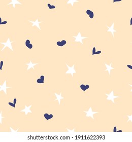 seamless pattern with stars and hearts on soft beige background. Trendy cute print for wrapping paper,packaging, wallpaper, fabric, textiles, children's clothing, office supplies. Vector illustration