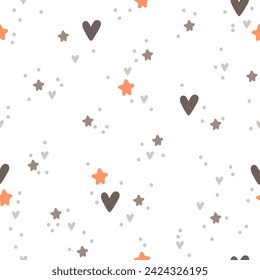 Patrón sin costuras con estrellas y corazones sobre un fondo blanco. Ilustración de vector
