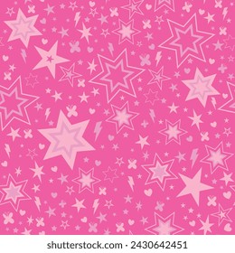 Seamless pattern with stars and hearts on pink background. Vector illustration for textile, fabric, fashion, storybook, wallpaper, kids and other uses.