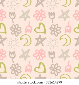 seamless pattern with stars, hearts, sun, moon, flowers in the style of children. 10 eps