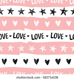 Seamless pattern with stars, hearts and waves. Vector illustration for gift paper, greeting cards and stationary.