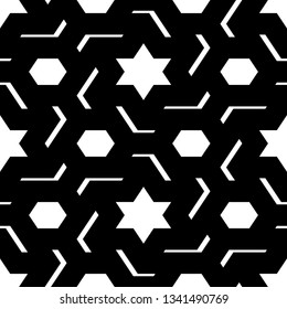 Seamless pattern. Stars, hexagons, curves ornament. Ethnic backdrop. Hexagonal, star shapes wallpaper. Geometric background. Polygons motif. Digital paper, abstract.