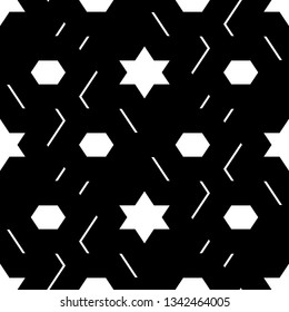 Seamless pattern. Stars, hexagons, curves, strokes ornament. Ethnic backdrop. Hexagonal, star, linear shapes wallpaper. Geometric background. Polygons motif. Digital paper, abstract.