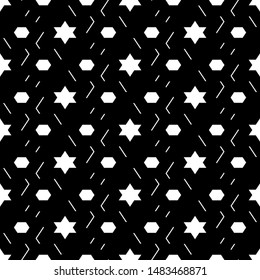 Seamless pattern. Stars, hexagons, curves, strokes ornament. Ethnic backdrop. Hexagonal, star, linear shapes wallpaper. Geometric background. Polygons motif. Digital paper, abstract.