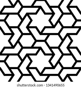 Seamless pattern. Stars, hexagons, figures ornament. Ethnic backdrop. Hexagonal, star shapes wallpaper. Geometric background. Polygons motif. Digital paper, abstract.