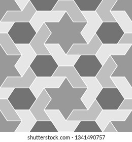 Seamless pattern. Stars, hexagons, figures ornament. Ethnic backdrop. Hexagonal, star shapes wallpaper. Geometric background. Polygons motif. Digital paper, abstract.
