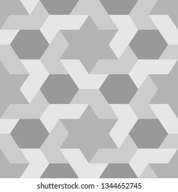 Seamless pattern. Stars, hexagons, figures ornament. Ethnic backdrop. Hexagonal, star shapes wallpaper. Geometric background. Polygons motif. Digital paper, abstract.