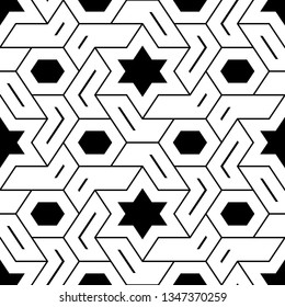 Seamless pattern. Stars, hexagons, figures, curves, strokes ornament. Ethnic backdrop. Simple shapes wallpaper. Geometric background. Polygons motif. Digital paper, abstract.