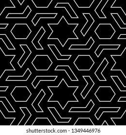 Seamless pattern. Stars, hexagons, figures ornament. Ethnic backdrop. Hexagonal, star shapes wallpaper. Geometric background. Polygons motif. Digital paper, abstract.