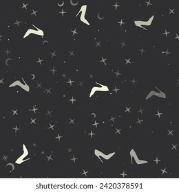 Patrón sin brillo con estrellas, Símbolos de zapatos de tacón alto sobre fondo negro. Cielo nocturno. Ilustración del vector sobre fondo negro