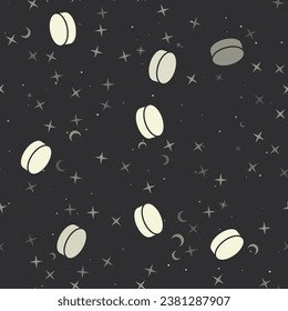 Seamless pattern with stars, hockey pucks on black background. Night sky. Vector illustration on black background