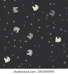 Patrón sin fisuras con estrellas, símbolos de cabeza de caballo sobre fondo negro. Cielo nocturno. Ilustración vectorial sobre fondo negro
