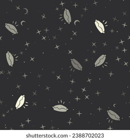 Seamless pattern with stars, hot pie symbols on black background. Night sky. Vector illustration on black background