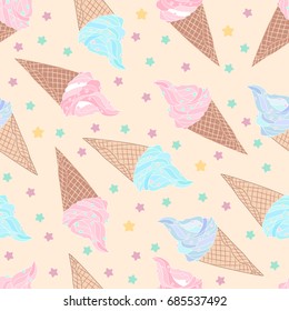 Seamless pattern with stars and ice cream in cone on yellow background