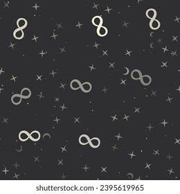 Seamless pattern with stars, infinity symbols on black background. Night sky. Vector illustration on black background