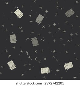 Seamless pattern with stars, jar of jam symbols on black background. Night sky. Vector illustration on black background