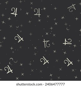 Seamless pattern with stars, jupiter astrological symbols on black background. Night sky. Vector illustration on black background