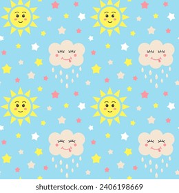 Seamless pattern with stars, kawaii cloud and sun. Celestial childish print on pastel blue background. 