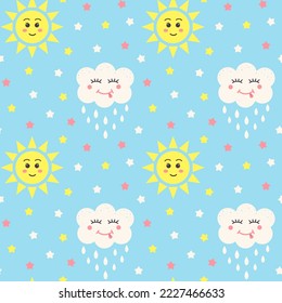 
Patrón sin foco con estrellas, sol kawaii y nubes kawaii sobre fondo azul. Diseño para textiles, texturas, tejidos, papel pintado y papel de embalaje.
