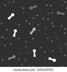 Seamless pattern with stars, keyhole symbols on black background. Night sky. Vector illustration on black background