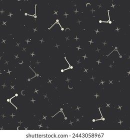 Seamless pattern with stars, kick scooter symbols on black background. Night sky. Vector illustration on black background
