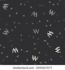 Seamless pattern with stars, Korean won signs on black background. Night sky. Vector illustration on black background