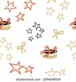 Seamless pattern with stars and krgula gift box with bow, Valentine's Day, birthday.