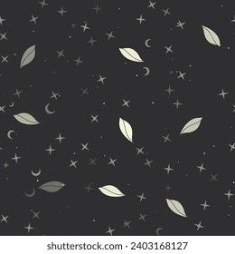 Motif harmonieux d'étoiles, symboles de dépliant sur fond noir. Ciel nocturne. Illustration vectorielle sur fond noir