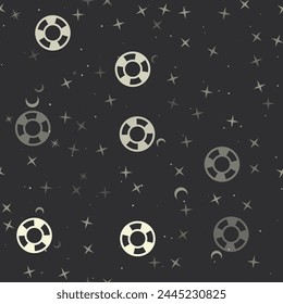 Seamless pattern with stars, lifebuoy symbols on black background. Night sky. Vector illustration on black background