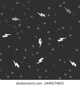 Seamless pattern with stars, lightning symbols on black background. Night sky. Vector illustration on black background